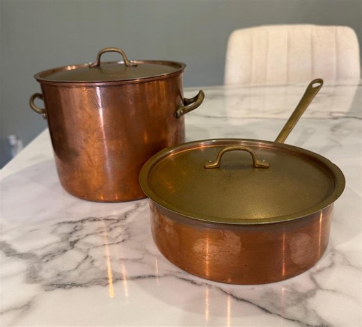 Vintage Set of Two, French Copper Pots With Lids and Brass Handles - Etsy