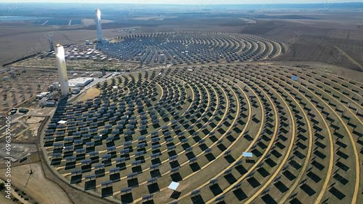 Aerial view of the Solar Power Towers PS10 and PS20 in Sanlúcar la Mayor, Seville. Spain's stunning solar energy plant. Concentrated solar power plant. Renewable energy. Green energy.