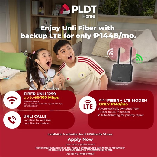 13K views | Stay online with PLDT Home ALWAYS ON Unli Fiber + LTE backup connection! Get all these for only P1,448 /month! ☑️ Unli Fiber up to 100 Mbps ☑️ Unli calls to 5 Smart/TNT numbers ☑️ 2-in-1 fiber modem with backup LTE and auto ticketing for priority repair. Apply now at pldthome.info/FiberAlwaysOn1448 #PLDTHome #AlwaysOn #FiberWithLTE | PLDT Home | Facebook