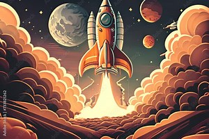 Spaceship launch. Launching a rocket as a symbol of the start of a business startup