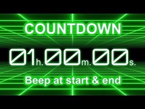 1-Hour Countdown Timer | Start/End Beeps | Neon Green Grid | 4K