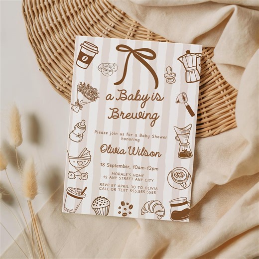 Editable Baby is Brewing Baby Shower Invitation| Hand Drawn Whimsical Coffee Shower| Gender Neutral Invite| A Baby is Brewing| Canva - Etsy