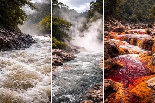 10 rios mais perigosos do mundo: correntezas que engolem pessoas, água fervente a 100°C no Peru, pH 1,7 na Espanha e gigantes como Amazonas, Nilo e Yangtze sem parecerem ameaçadores
