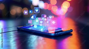 Holographic social media icons floating above smartphone screen, suggesting innovative digital marketing and communication strategies
