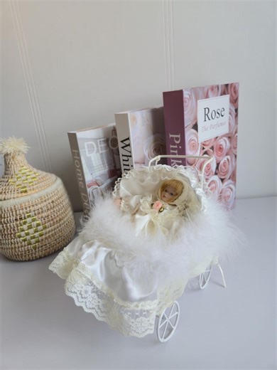 Vintage Porcelain or Bisque Baby Doll in a White, Lace-lined Bassinet or Strolle. - Etsy