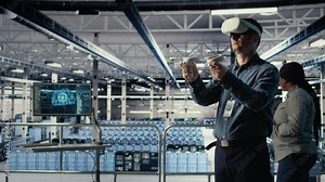 Server farm programmer uses VR headset to install updates and keep AI systems running. Data center employee uses virtual reality tech to write code improving infrastructure output, camera A