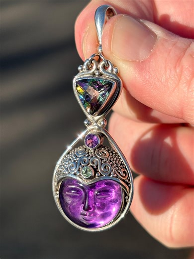 Vintage Sajen 925 Sterling Silver, Carved Amethyst, and Mystic Topaz Goddess Pendant - Etsy