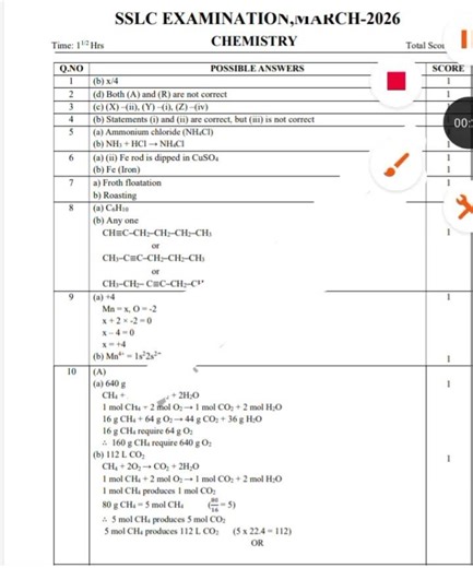 Sslc public exam 2026 Chemistry English answer key published