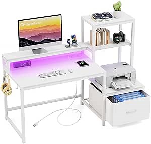 GreenForest Computer Desk with Drawers and Monitor Stand, Home Office Desk with Storage Shelves, Small Gaming Desk with Power Outlets and LED Lights for Study Writing Working, 51 inch White