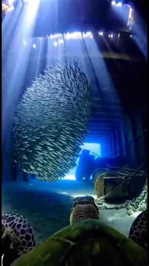 Underwater boat being discovered by a turtle with a GoPro