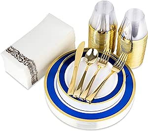 Blue and Gold Rim Plastic Dinnerware (200-Piece) Plastic Plates, Cutlery, Cups and Napkins - Service for 25 Guests Place Setting for Wedding, Party, Shower, Birthday, Holiday