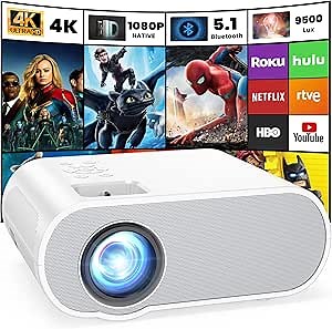 Projector, Native 1080P Full HD Bluetooth Projector with Speaker, 9500 Lumens Outdoor Portable Movie Mini Projector Compatible with Laptop, Smartphone, TV Stick, Xbox, PS5