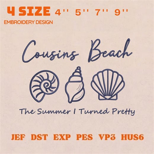 Cousins Beach Embroidery Design, Seashell Line Art, Summer Quote Embroidery, Beach Vibes Stitch Pattern, Ocean Shell Outline, Summer Day - Etsy