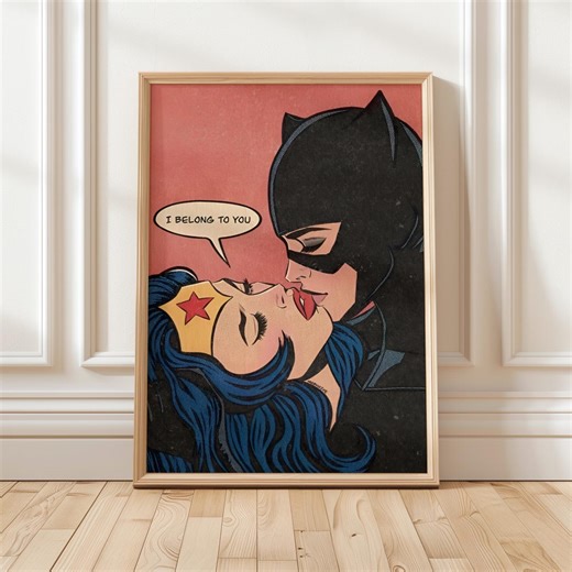 Retro Comic Femme Fatale Kiss Poster | Vintage Pop Art Romance Print | Bold Graphic Wall Art | LGBTQ Retro Illustration - Etsy