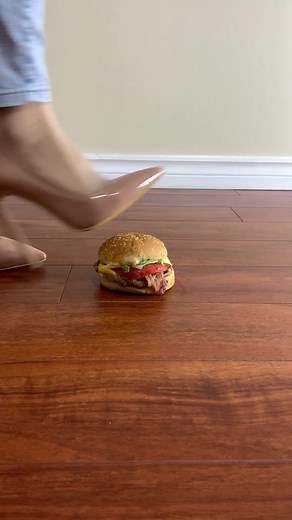 hamburger and squishy toys crushed by high heels. #foods #fastfood #highheel #toys