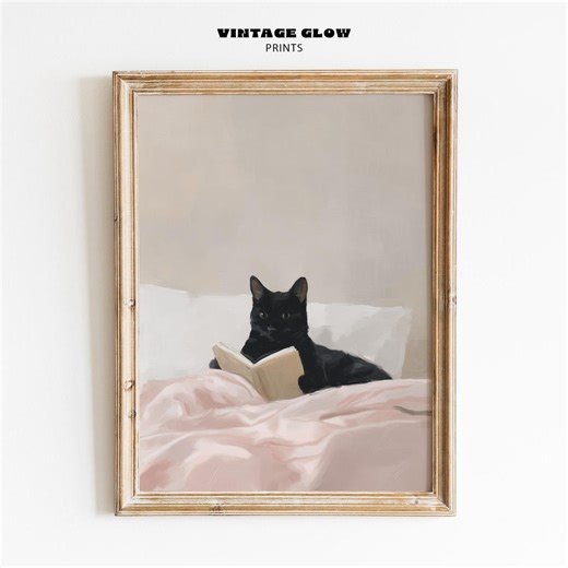 Cat Reading in Bed Print | Cozy Black Cat Book Lover Wall Art | Digital Download - Etsy