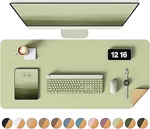 YSAGi Double-Sided Desk Pad, 31.5"x15.7" Leather Desk Mat, Eco Cork Desk Pad Protector,Large Mouse Pad,Waterproof Desk Blotter for Office/Home (Matcha Green/Cork)