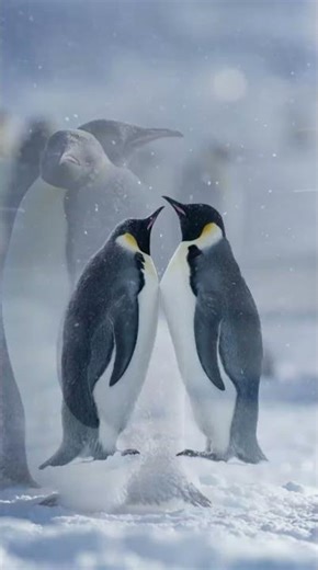 Two emperor penguins share warmth in falling snow — a quiet touch of love in Antarctica. 🐧❄️