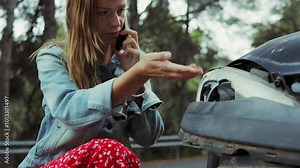 Woman Stand Next to Damaged Car, Make Phone Call. Upset And Worried, Girl Explains Situation While Seeking Assistance for Road Incident