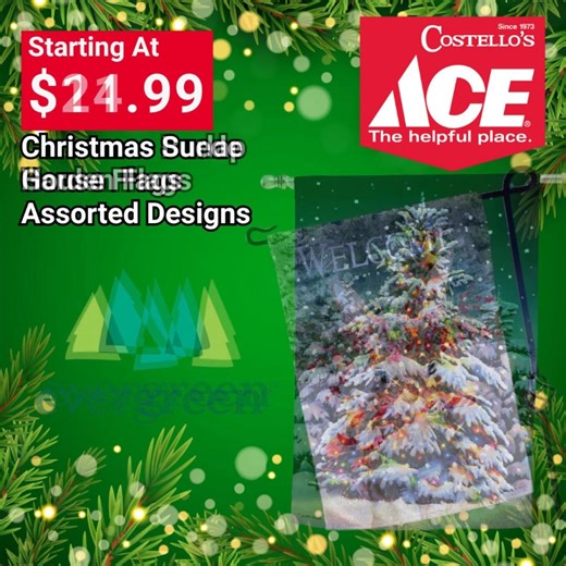 🎄✨ Christmas is Here at Costello’s Ace Hardware! ✨🎄 Bring festive cheer to your home with Evergreen Seasonal Flags — the perfect way to welcome the holidays in style! From classic Christmas scenes to whimsical winter designs, there’s a flag for every doorway, porch, and garden. 🎅🦌🌟 Stop by your local Costello’s Ace Hardware and spread the holiday spirit with Evergreen today! #CostellosAceHardware #EvergreenFlags #HolidayDecor #ChristmasIsHere #FestiveSeason #DeckTheHalls #HolidayHomeDecor |