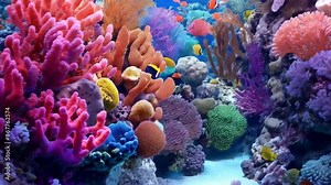 An animation depicting the vibrant underwater world of a coral reef, illustrating colorful corals, diverse fish species, and the symbiotic relationships between marine organisms