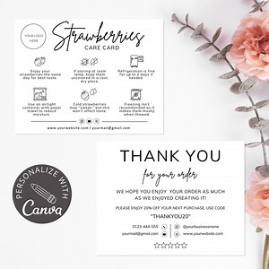 Chocolate Strawberries Care Card Template | Canva Editable Bakery Insert and Thank You Card | Covered Strawberries and Candy Packaging Guide - Etsy