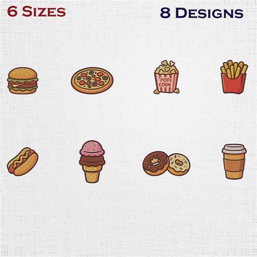 Fast Food Icon Set Embroidery - Junk Food Digital Download - 6 Sizes 8 Designs