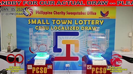 January 05, 2026 / Monday 07:00 PM DRAW Pre-Draw / Actual Draw Small Town Lottery Cebu Localized Draw One Paradox Gaming Corporation Small Town Lottery (Cebu City) King Dragon Gaming and Amusement Corporation (Province of Cebu) Philippine Charity Sweepstakes Office - Cebu Branch | PCSO Cebu STL Localized Draw - Cebu City and Cebu Province