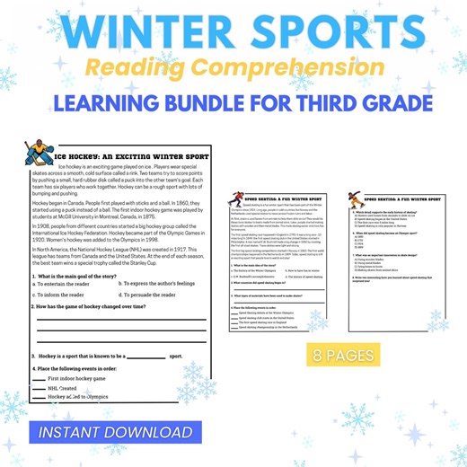 3rd Grade Reading Comprehension Worksheets - Winter Sports - Digital Download - Etsy