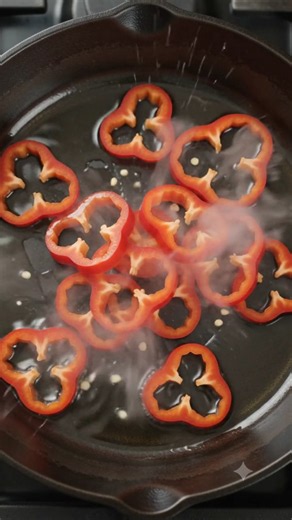 Sizzling Red Bell Pepper Rings in a Cast Iron Skillet #shorts #recipe #cooking