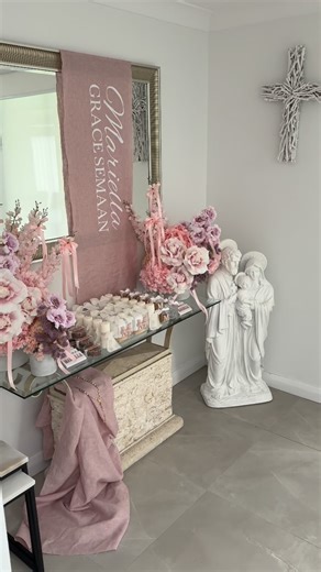 LIMA ROSE CREATIONS est.2020 on Instagram: "Mariella Grace Semaan 🤍🩷 So honoured to be trusted with this beautiful setup for @taylorsemaan Rosary: @rosariesforlife Florals: @bloomiquebyjess Candles: @meltedtouch_ Acrylic: @pursuit_of_unwavering_faith"