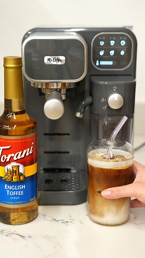 Mr. Coffee® on Instagram: "This English Toffee Latte made with the @mrcoffee Prima Latte Luxe machine is everything! 😋✨ The machine is easy to use and pulls perfect espresso shots every time, not to mention the coffee pairs deliciously with all of your favorite @torani flavors. What flavor would you try next?! Recipe 👇 1 oz Torani English Toffee Syrup 2 shots espresso Ice 6 oz milk of choice Pull 2 espresso shots with your Mr. Coffee Prima Latte Luxe machine. To a glass, add ice, Torani Englis
