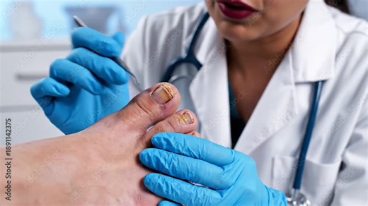 Doctor examining foot with diseased toenails, using surgical tools in a medical setting