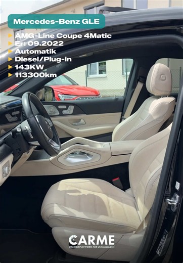 AUTO AVAILABLE ✅ 🚨 Luxury, performance and efficiency – all in one SUV Coupé. Mercedes-Benz GLE AMG-Line Coupé 4MATIC 📅 09.2022 ⚙️ Automatic ⛽ Diesel / Plug-in Hybrid ⚡ 143 kW 📍 113,300 km The sporty AMG-Line design, premium Mercedes-Benz comfort and plug-in hybrid technology make the GLE Coupé the perfect combination of style, power and everyday practicality. 🌐 Discover more vehicles at: www.carme.online Carme GmbH – Trading Platform for Accident Vehicles. 📩 Interested in this vehicle? Sen
