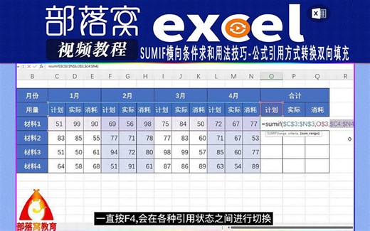 excelSumif横向条件求和用法技巧视频：公式引用方式转换双向填充