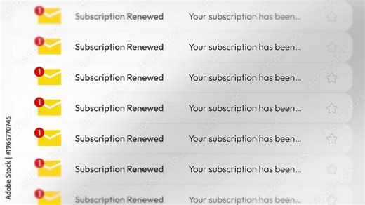 4k animation of subscription renewal email list with unread messages and new updates alert icon in inbox