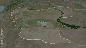 Aleppo, province with its capital, zoomed and extruded on the satellite map of Syria in the conformal Stereographic projection. Animation 3D