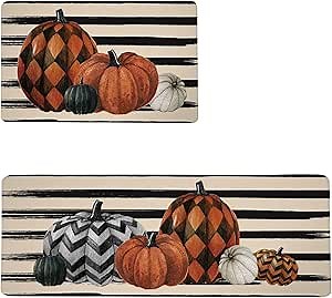 notepure Fall Kitchen Rugs Set of 2, Fall Watercolor Stripes Pumpkin Decorative Autumn Thanksgiving Kitchen Mats for Floor, Anti Fatigue Kitchen Rugs Seasonal Holiday Vintage Floor Mat