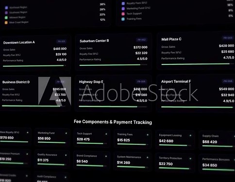 Dynamic franchise revenue statement template: comprehensive royalty fee tracking dashboard with animated sales distribution breakdown