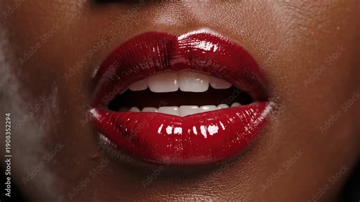 Woman with red glossy lips closes, opens, then shows tongue. African American beauty with makeup and expression.