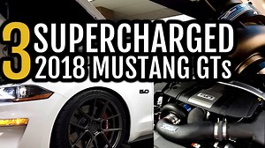 THREE 2018 Supercharged Mustang GTs on the DYNO! Vortech | Procharger | 93 | E85 Watch the entire video on YouTube:https://youtu.be/akZdoJXa78A We recently had 3 2018 supercharged Mustang GTs on the dyno and took this opportunity to shoot a new video showing what each combo makes. We start with David's Vortech Superchargers JT setup on 93 octane. We then move on to Johan's D1x ProCharger setup where we show a great comparison between 93 octane and E85. We wrap up the video with Robbie's F1A Proc