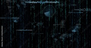 With code rain cascading, radar display appearing and rotating to highlight data zooming in and out