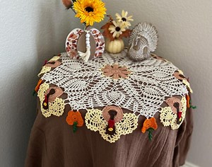 25 Inch Round Turkey and Pumpkin Doily, Thanksgiving Holiday Decor, Orange Yellow Ecru and Brown, Crocheted Table Topper, Handcrafted - Etsy
