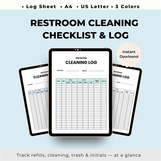 Restroom Cleaning Log Sheet | Janitorial Bathroom Checklist | Printable PDF A4   US Letter | 3 Colors - Etsy