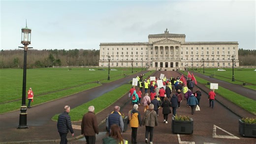 Campaigners hoping to save services at the South West Acute Hospital were outside Stormont this morning. Around 200 protesters from Save our Acute Services pushed a hospital bed towards Parliament Buildings with a list of steps to return services to the hospital. | BBC Newsline