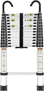 Telescopic Ladder, 12.5FT RIKADE Aluminum Telescoping Ladder with Non-Slip Feet and Stable Hook, Portable Extension Ladder for Household and Outdoor Working, 330lb Capacity