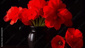 Symbolism of Red Poppies on Black Background for Remembrance Day and Armistice Day. Concept Remembrance Day, Armistice Day, Red Poppies, Symbolism, Black Background