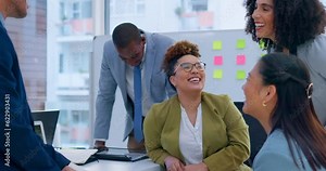 Business people, laughing and funny joke in meeting, teamwork or social gathering at the office. Group of happy employee workers enjoying fun discussion, team building or comedy together at workplace