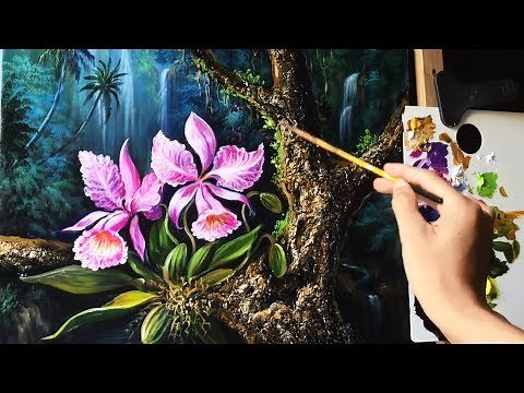 Orchid flowers in the tropical rainforests with Acrylic paints (40 x 50cm)