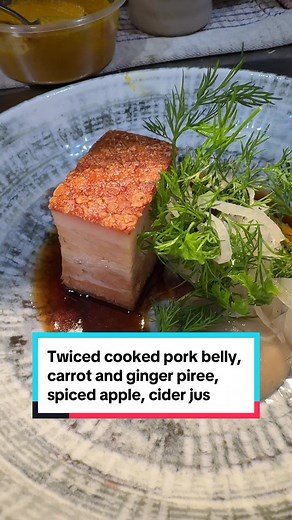 Twiced Cooked Pork Belly with Carrot Ginger Puree & Spiced Apple